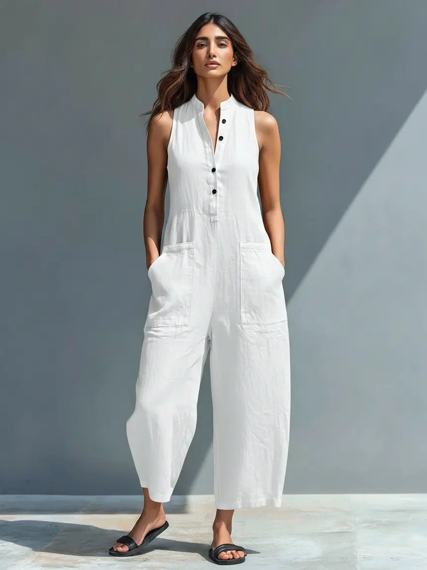 Annika Sleeveless Linen Button-Up Jumpsuit