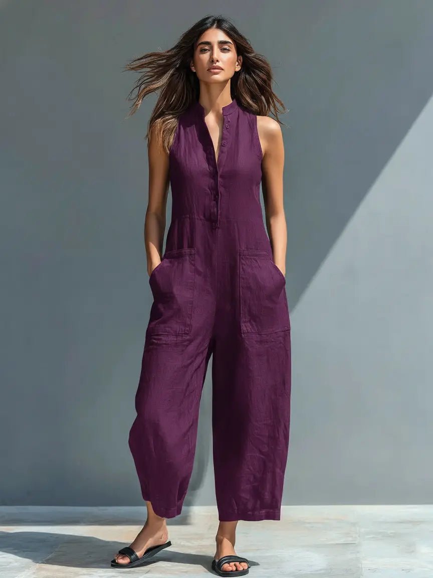 Annika Sleeveless Linen Button-Up Jumpsuit