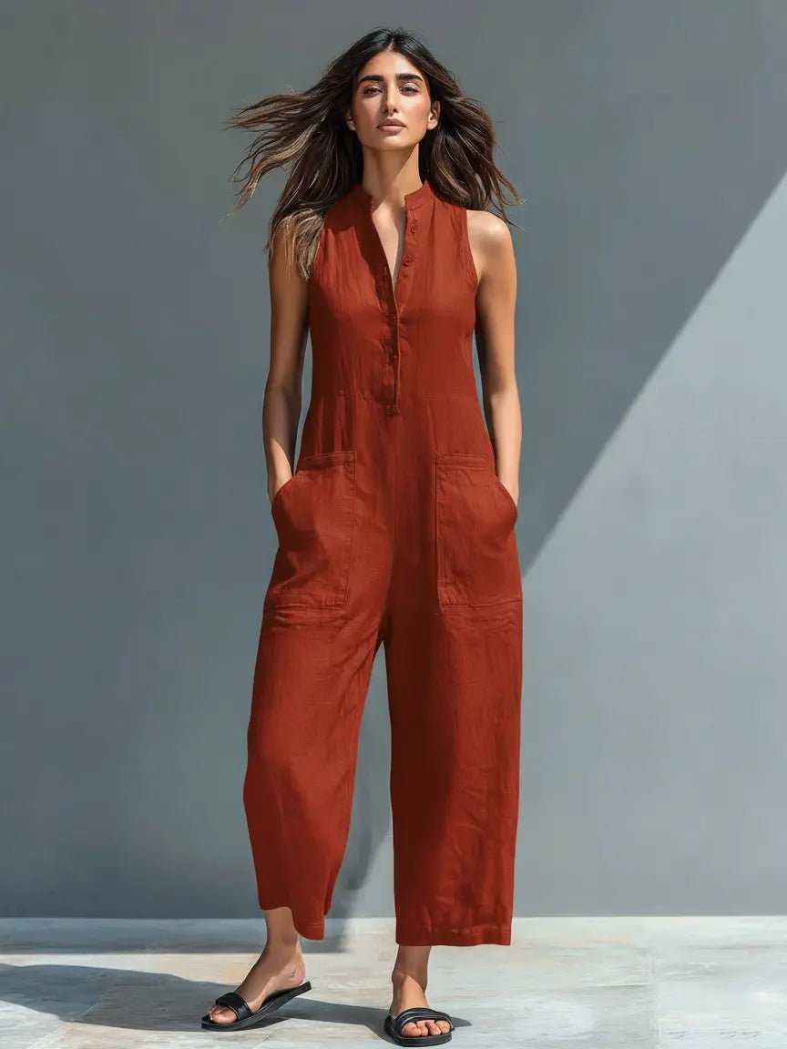 Annika Sleeveless Linen Button-Up Jumpsuit
