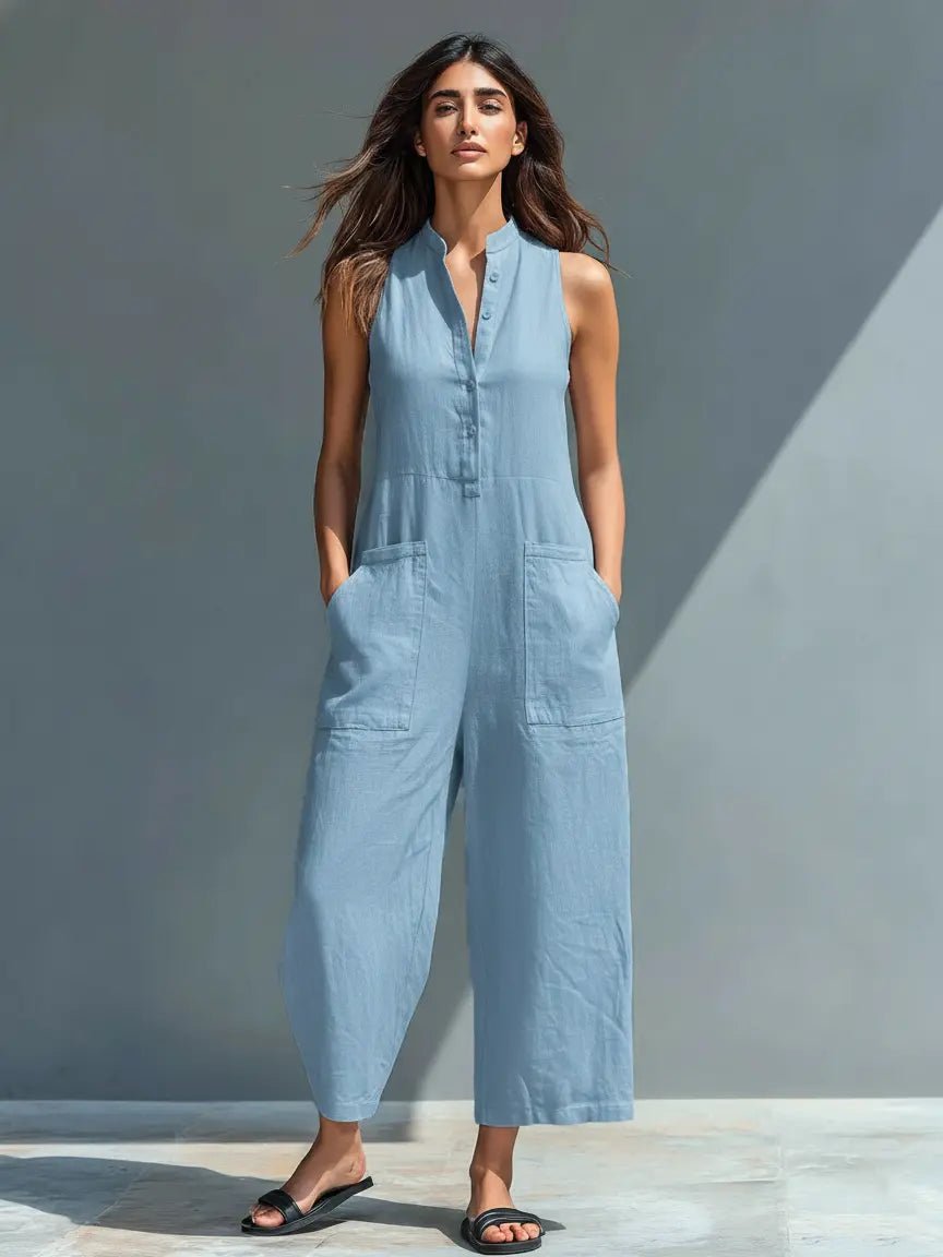 Annika Sleeveless Linen Button-Up Jumpsuit