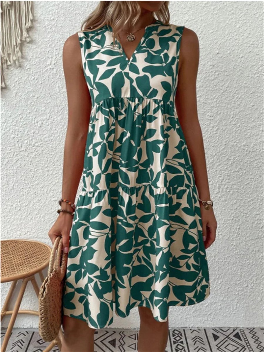 Katharina Sleeveless Tropical Print A-Line Summer Dress