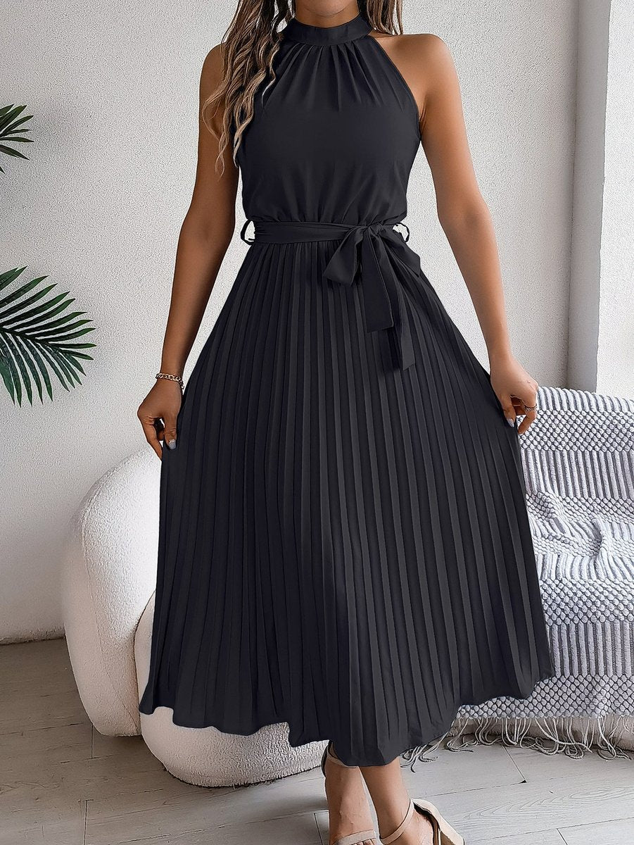 Katharina Sleeveless Halter Pleated Maxi Dress with Tie Belt