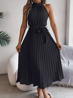 Katharina Sleeveless Halter Pleated Maxi Dress with Tie Belt