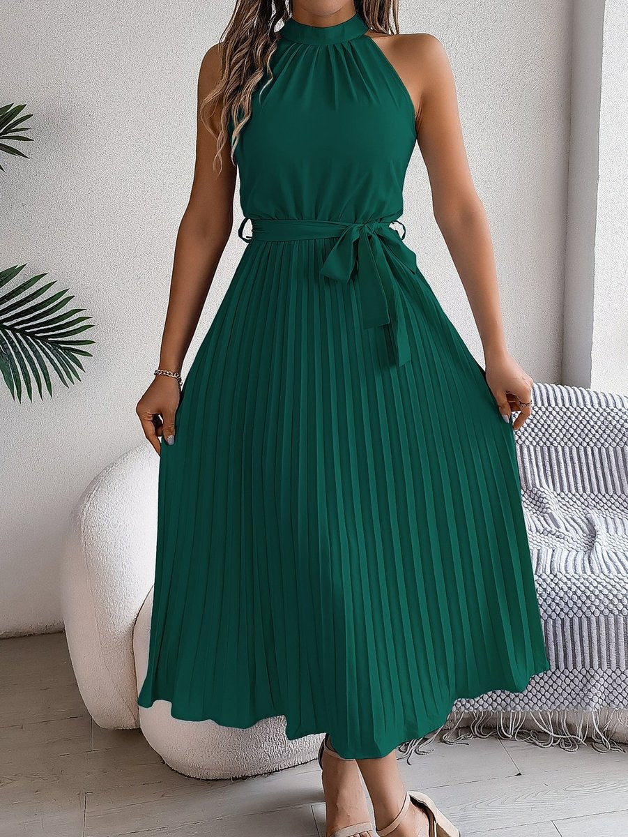 Katharina Sleeveless Halter Pleated Maxi Dress with Tie Belt