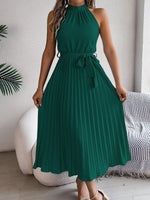 Katharina Sleeveless Halter Pleated Maxi Dress with Tie Belt