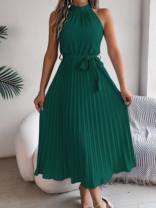 Katharina Sleeveless Halter Pleated Maxi Dress with Tie Belt