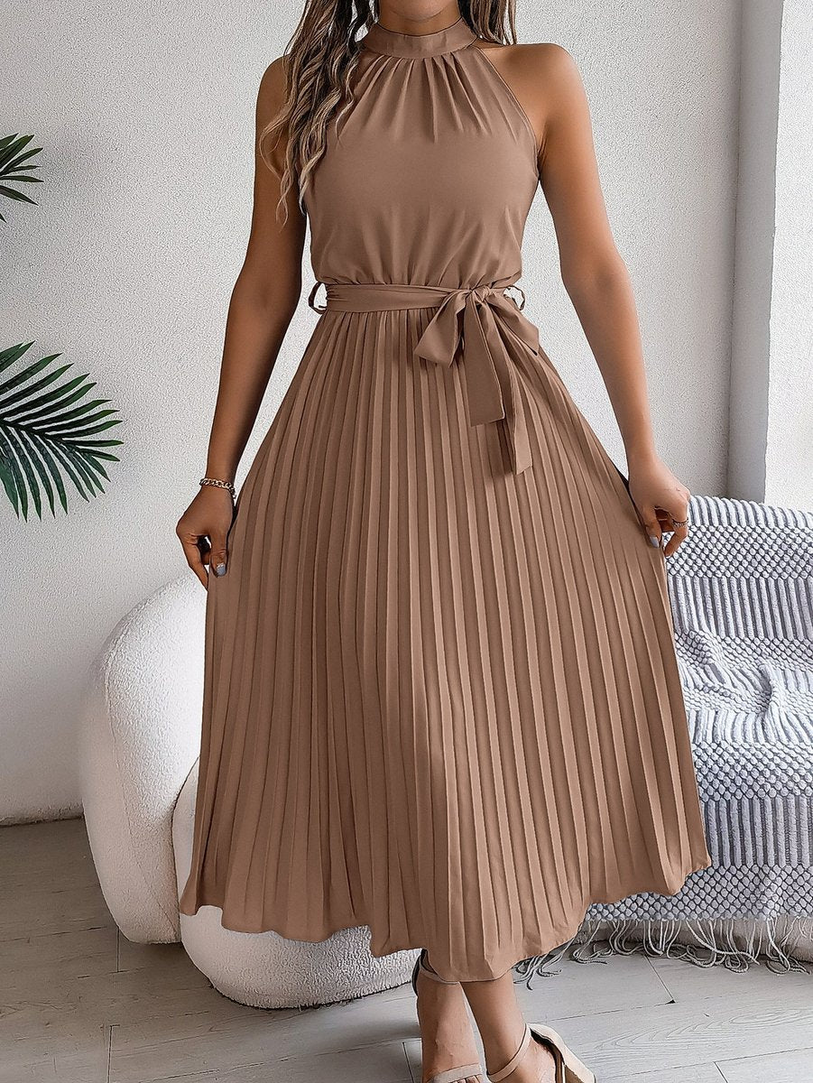 Katharina Sleeveless Halter Pleated Maxi Dress with Tie Belt