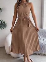 Katharina Sleeveless Halter Pleated Maxi Dress with Tie Belt
