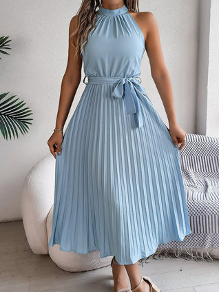 Katharina Sleeveless Halter Pleated Maxi Dress with Tie Belt