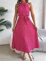 Katharina Sleeveless Halter Pleated Maxi Dress with Tie Belt