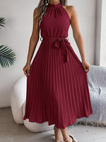 Katharina Sleeveless Halter Pleated Maxi Dress with Tie Belt