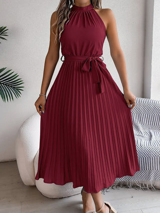 Katharina Sleeveless Halter Pleated Maxi Dress with Tie Belt