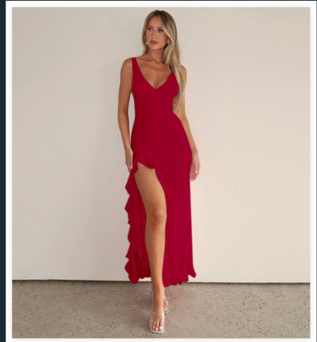 Mia Sleeveless Ruffle Maxi Dress with V-Neck and Thigh Slit