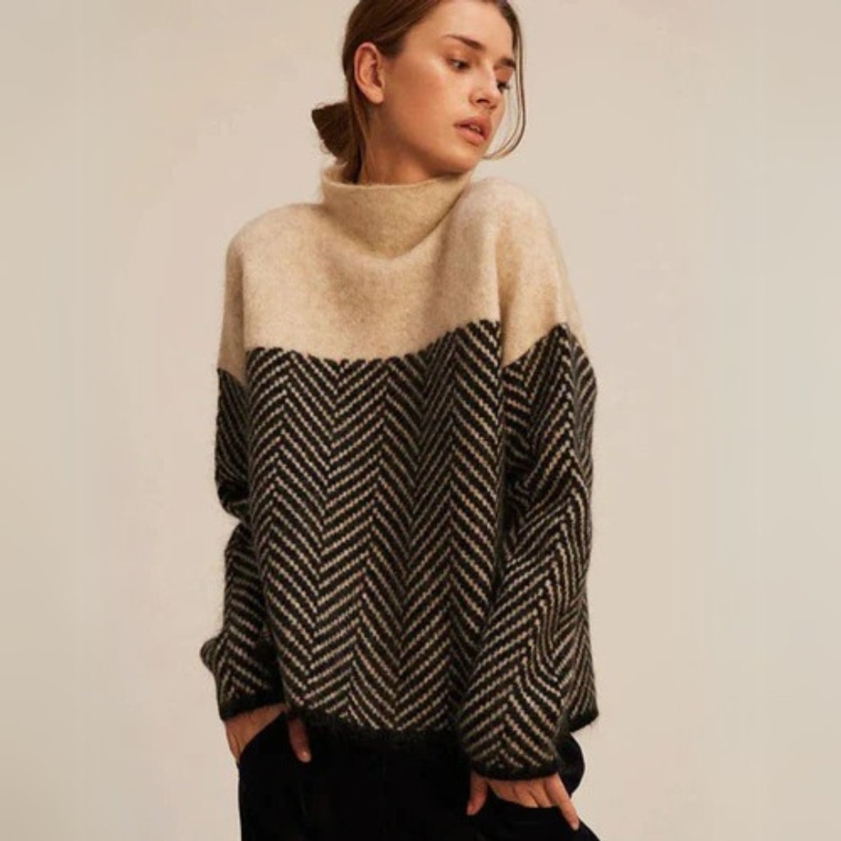 Greta Herringbone Oversized Turtleneck Sweater