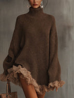Leonie Oversized Turtleneck Sweater Dress with Lace Ruffles