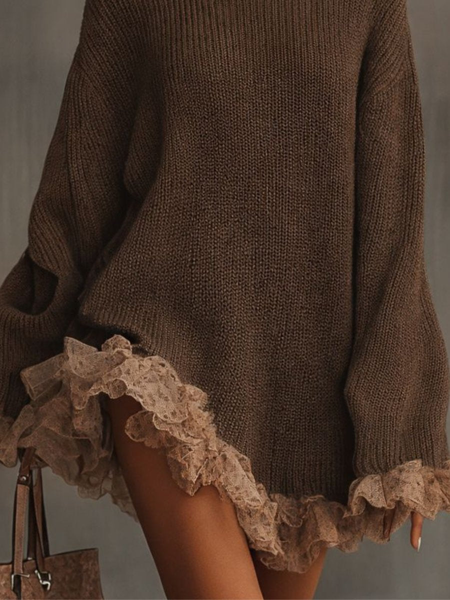 Leonie Oversized Turtleneck Sweater Dress with Lace Ruffles