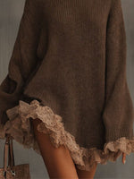 Leonie Oversized Turtleneck Sweater Dress with Lace Ruffles