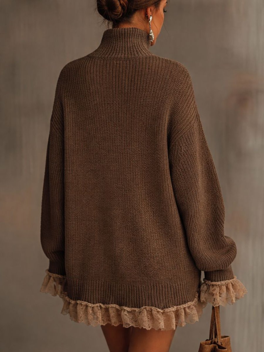 Leonie Oversized Turtleneck Sweater Dress with Lace Ruffles