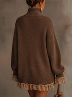Leonie Oversized Turtleneck Sweater Dress with Lace Ruffles