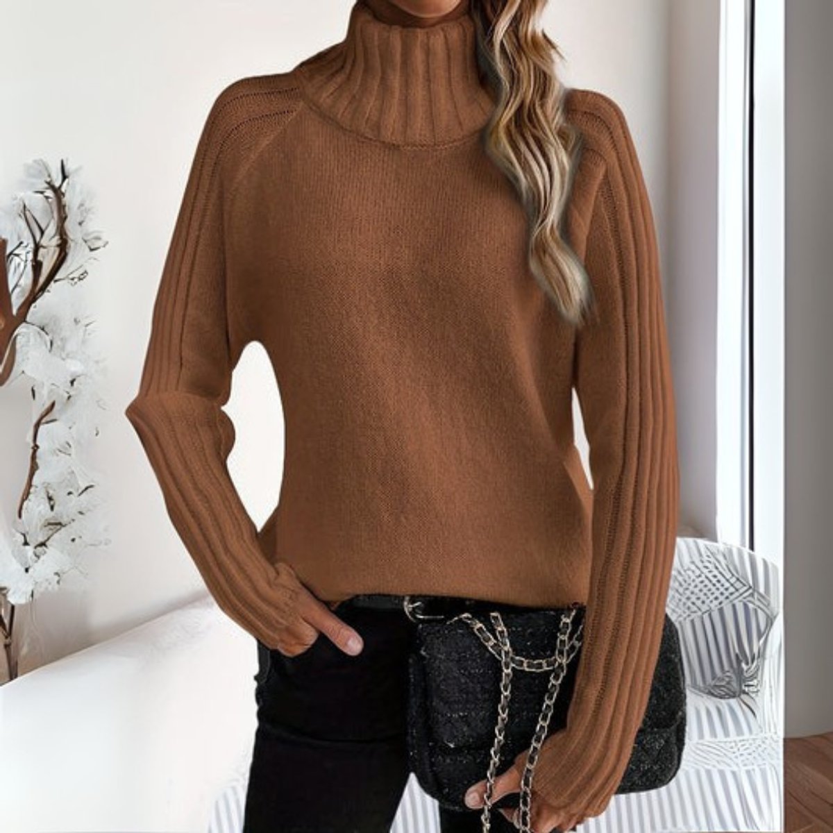 Lena Ribbed Sleeve Turtleneck Sweater