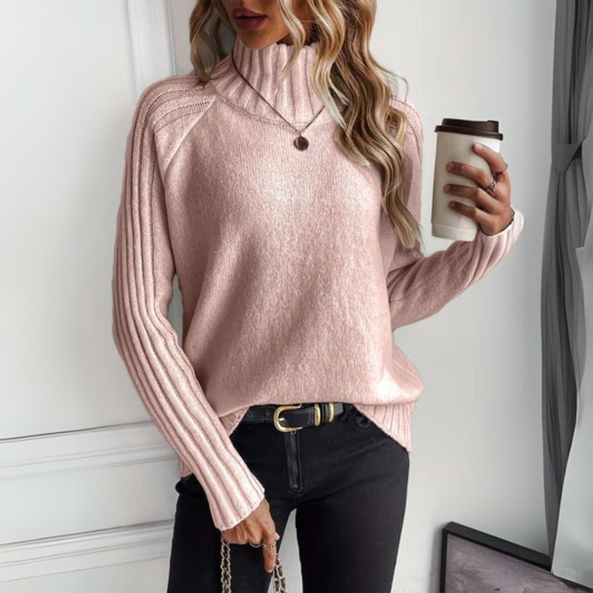 Lena Ribbed Sleeve Turtleneck Sweater