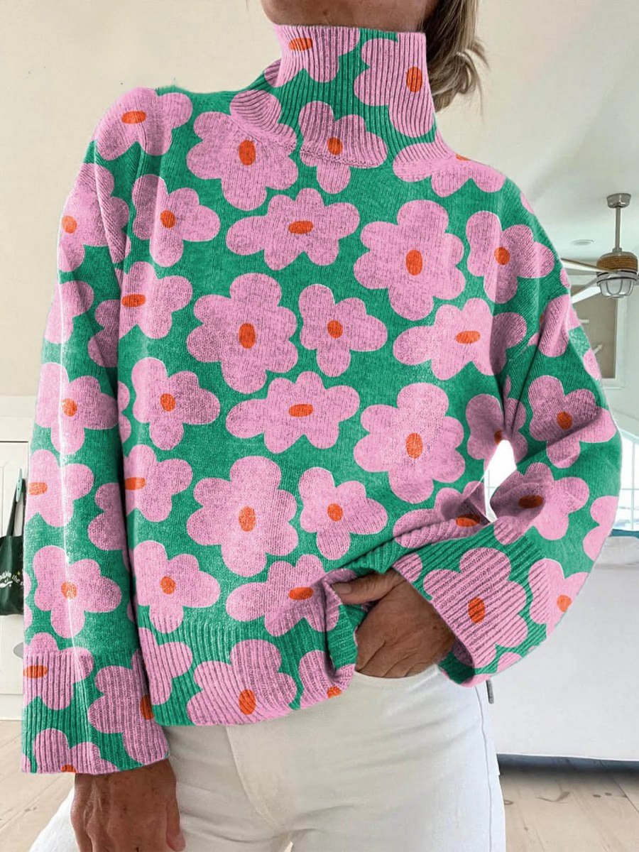 Luisa Floral Knit Turtleneck Sweater