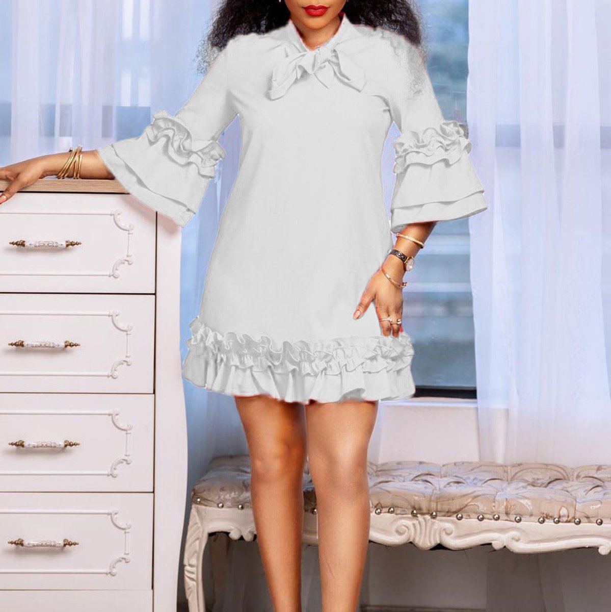 Annika Ruffle Tunic Mini Dress with Bow Collar