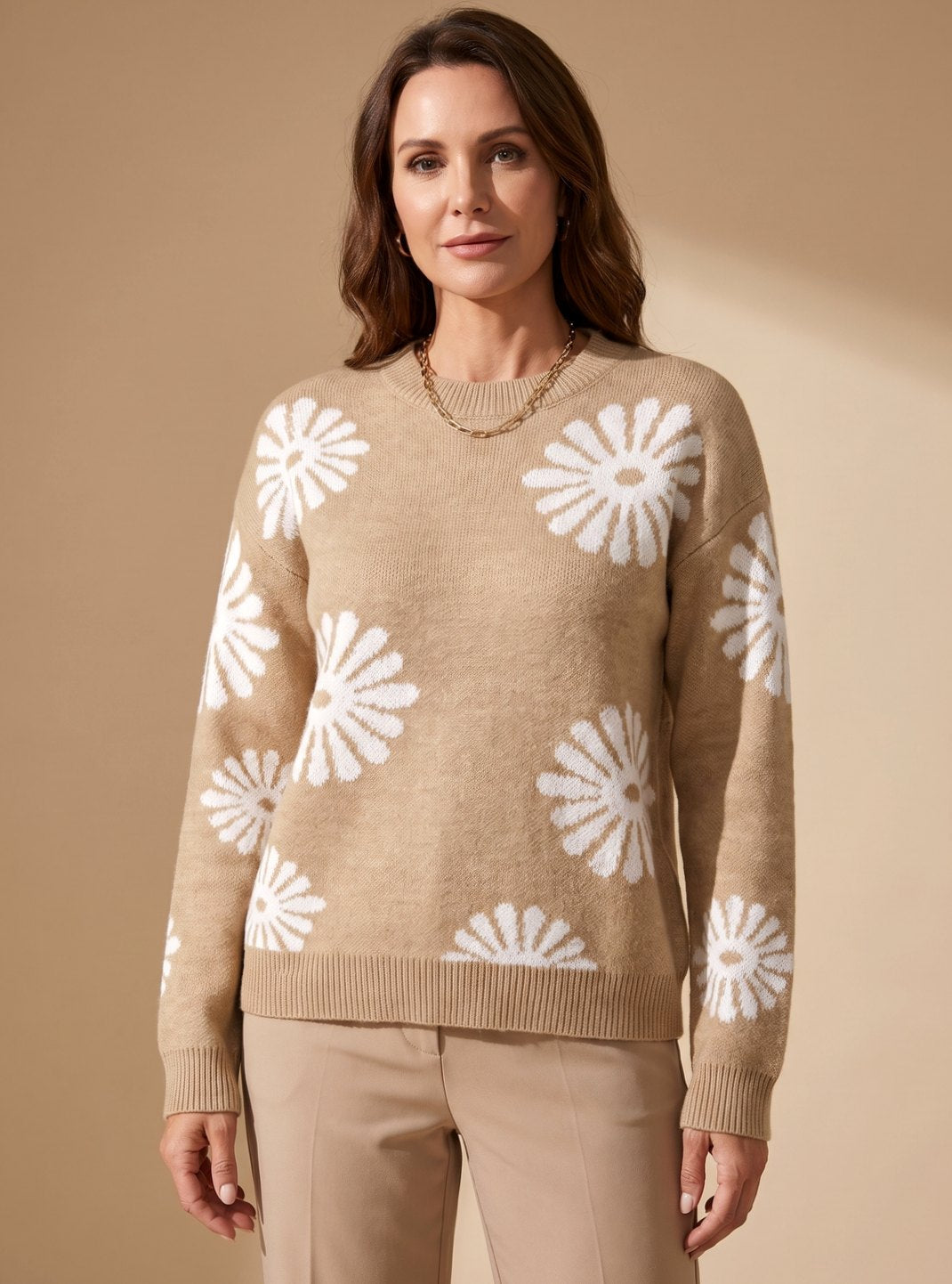 Emilia Floral Intarsia Crewneck Knit Sweater Relaxed Fit