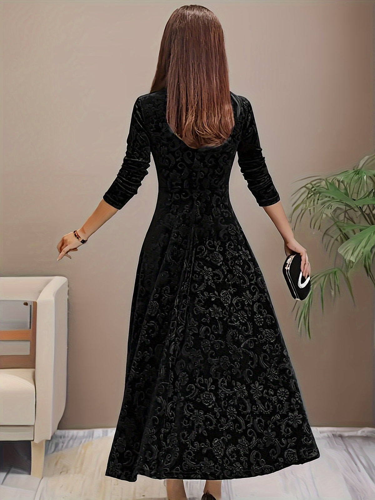 Nora Floral Embossed Velvet A-Line Midi Dress