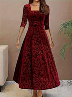 Nora Floral Embossed Velvet A-Line Midi Dress