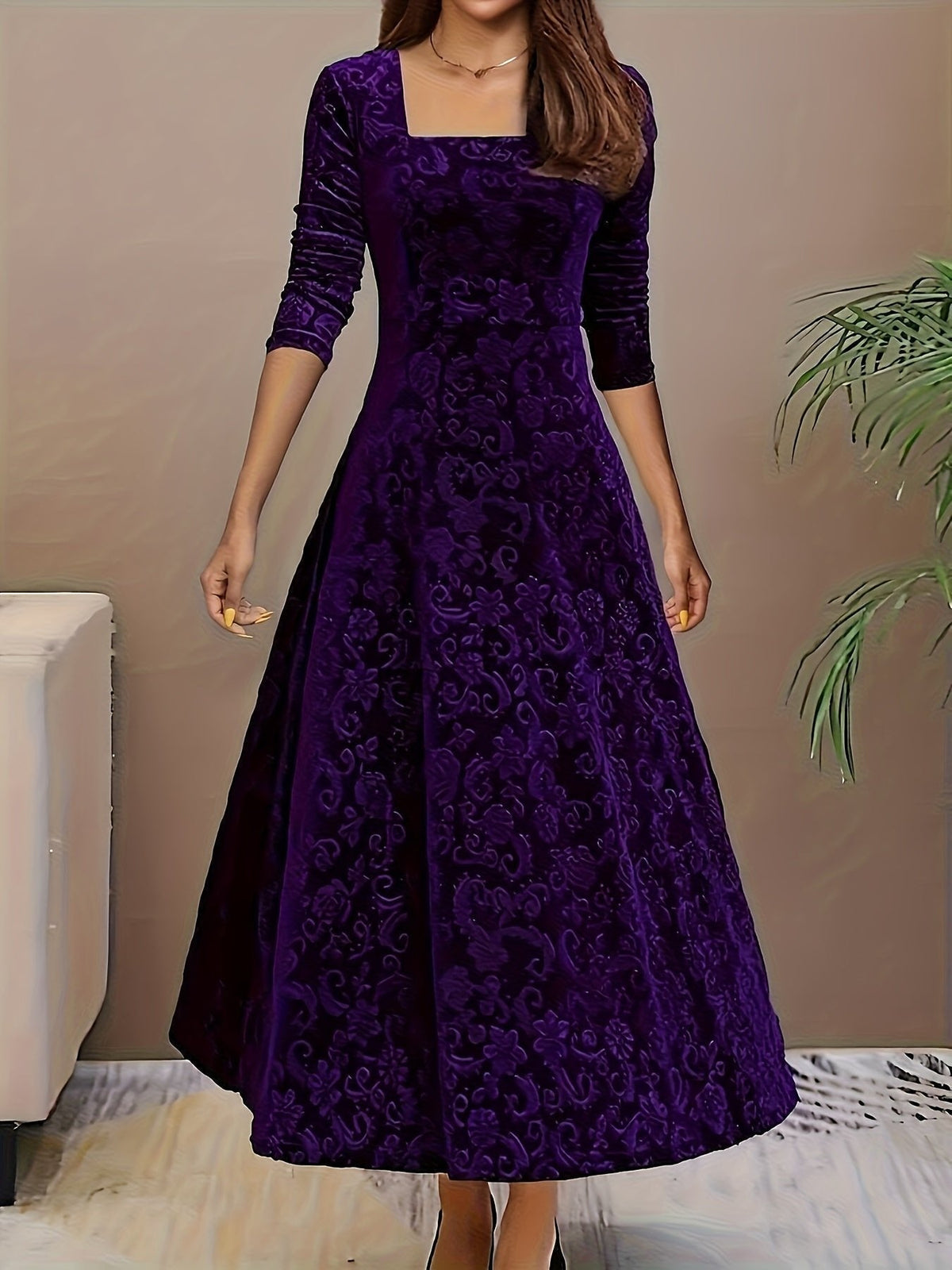 Nora Floral Embossed Velvet A-Line Midi Dress