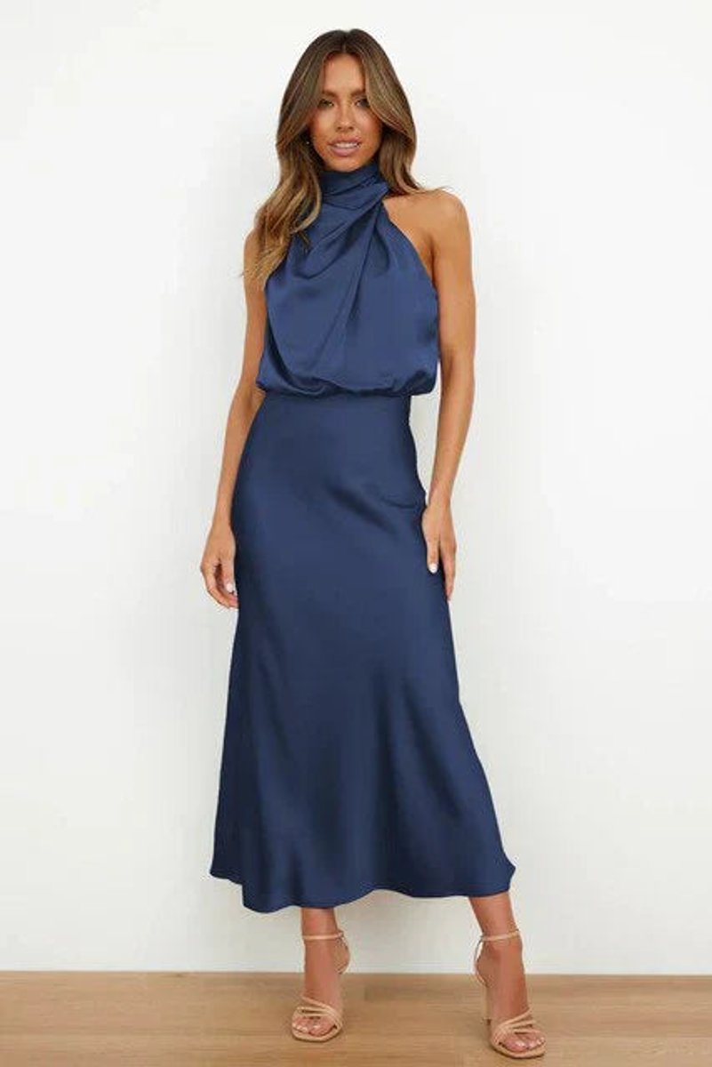Marie Satin Halter Cocktail Midi Dress