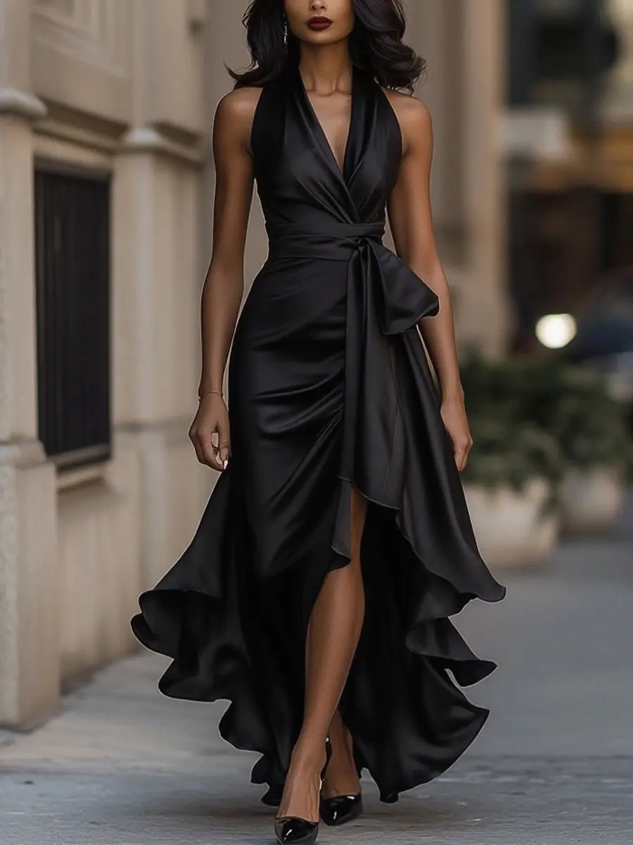 Lena Satin Halter Wrap Cocktail Dress with High-Low Hem