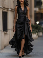 Lena Satin Halter Wrap Cocktail Dress with High-Low Hem