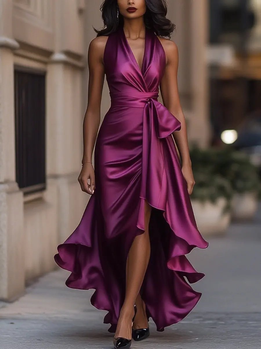 Lena Satin Halter Wrap Cocktail Dress with High-Low Hem