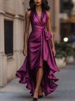 Lena Satin Halter Wrap Cocktail Dress with High-Low Hem