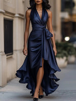 Lena Satin Halter Wrap Cocktail Dress with High-Low Hem