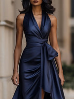 Lena Satin Halter Wrap Cocktail Dress with High-Low Hem