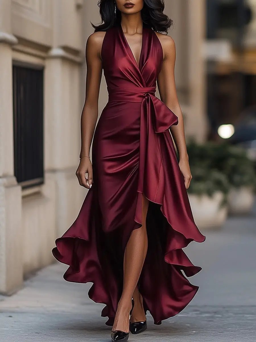 Lena Satin Halter Wrap Cocktail Dress with High-Low Hem