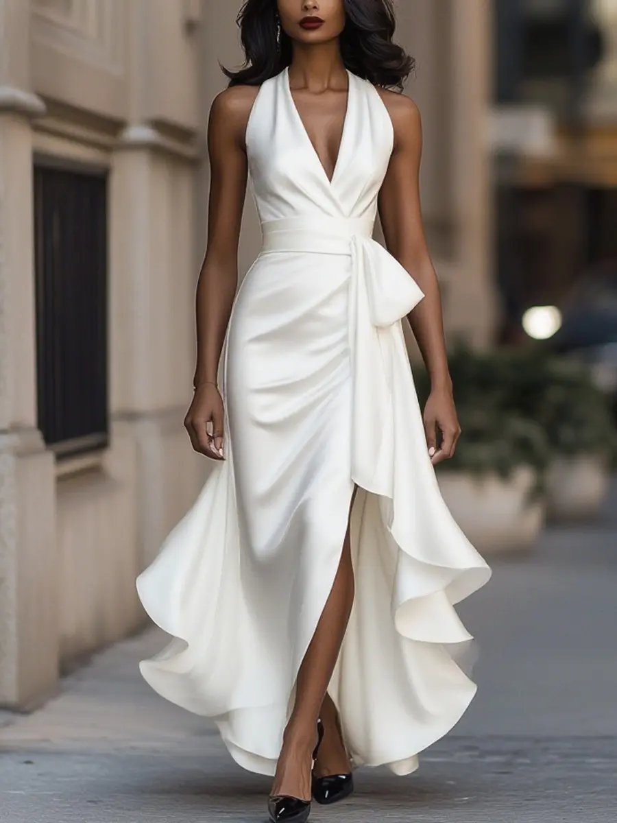 Lena Satin Halter Wrap Cocktail Dress with High-Low Hem