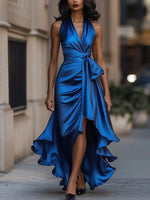 Lena Satin Halter Wrap Cocktail Dress with High-Low Hem