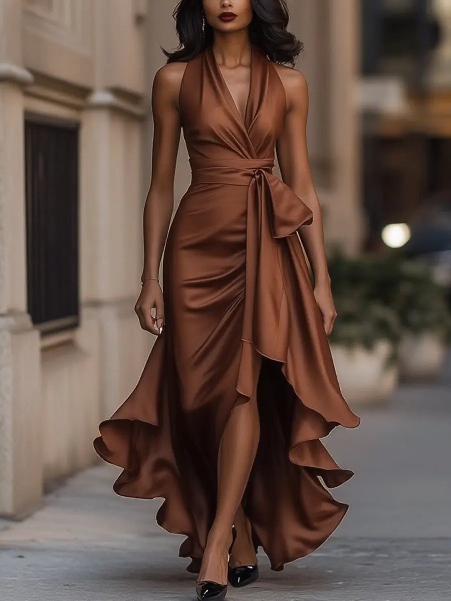 Lena Satin Halter Wrap Cocktail Dress with High-Low Hem
