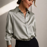 Mia Satin Long Sleeve Button-Front Blouse