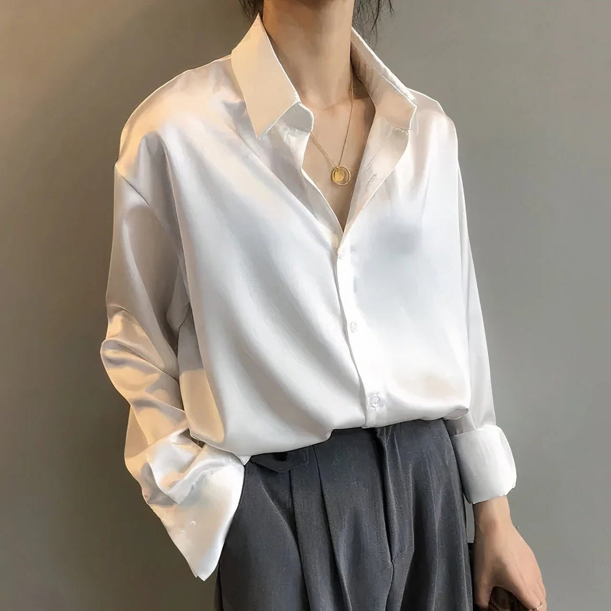 Mia Satin Long Sleeve Button-Front Blouse