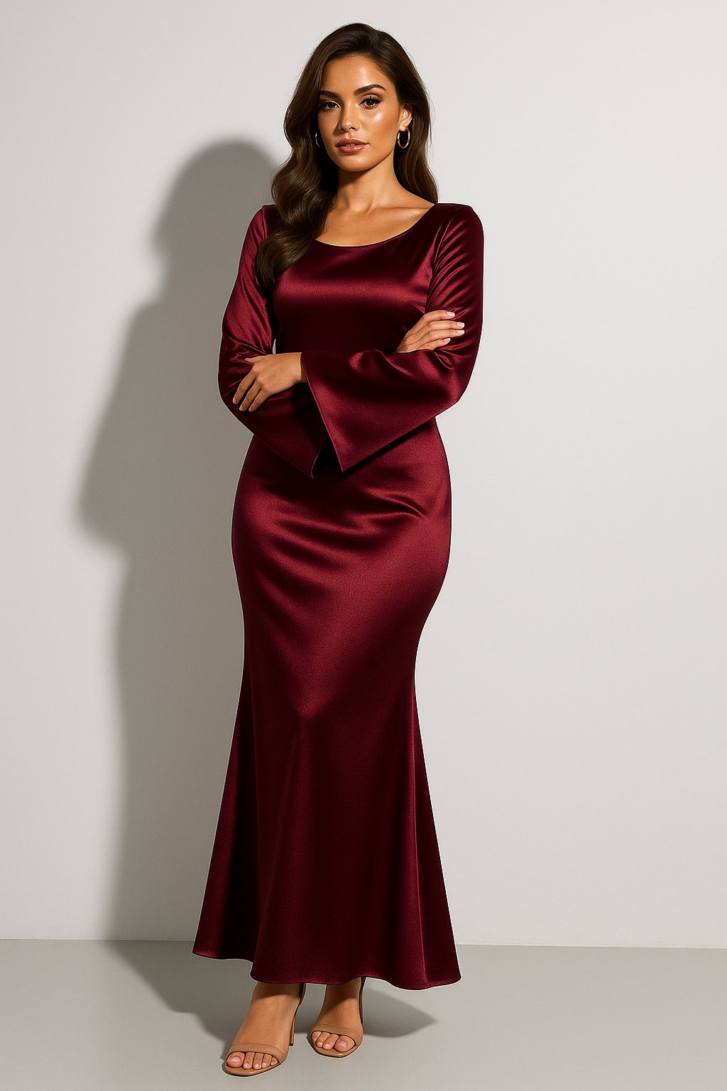 Greta Satin Long Sleeve Fishtail Maxi Evening Dress