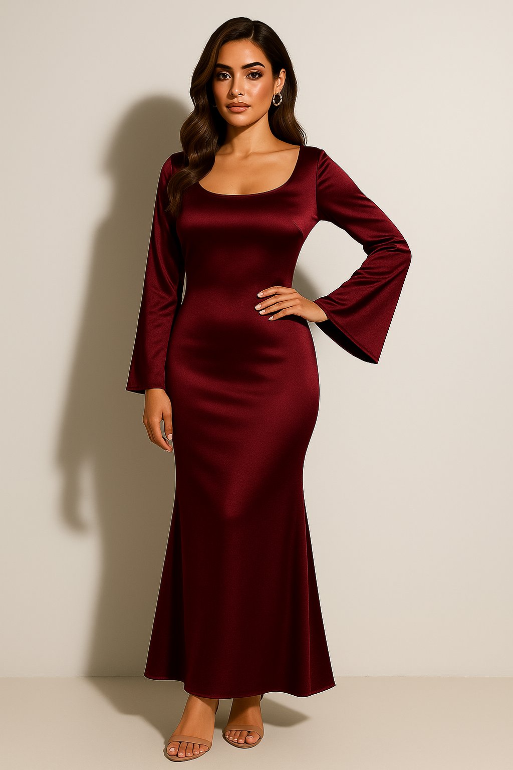 Greta Satin Long Sleeve Fishtail Maxi Evening Dress
