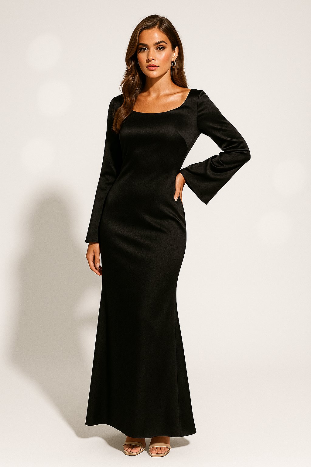 Greta Satin Long Sleeve Fishtail Maxi Evening Dress