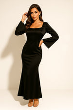 Greta Satin Long Sleeve Fishtail Maxi Evening Dress