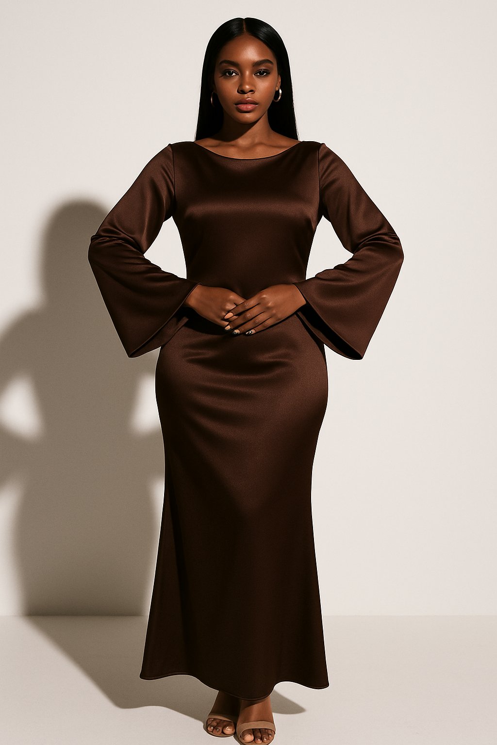 Greta Satin Long Sleeve Fishtail Maxi Evening Dress
