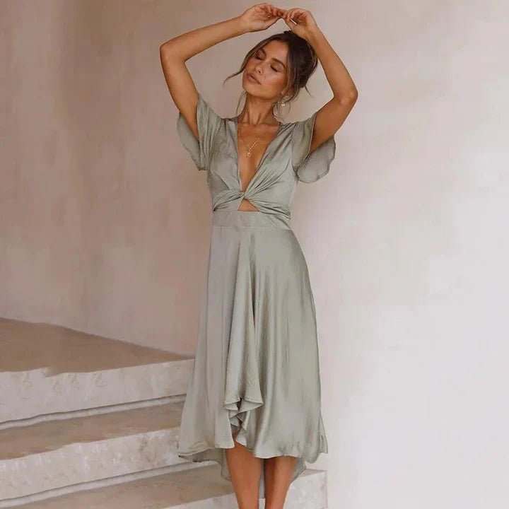 Leonie Satin Deep V-Neck Flutter Sleeve Midi Dress